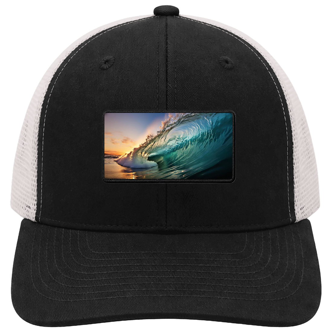 A black and white trucker hat featuring a rectangular patch on the front with a vibrant photograph of a curling ocean wave at sunset.